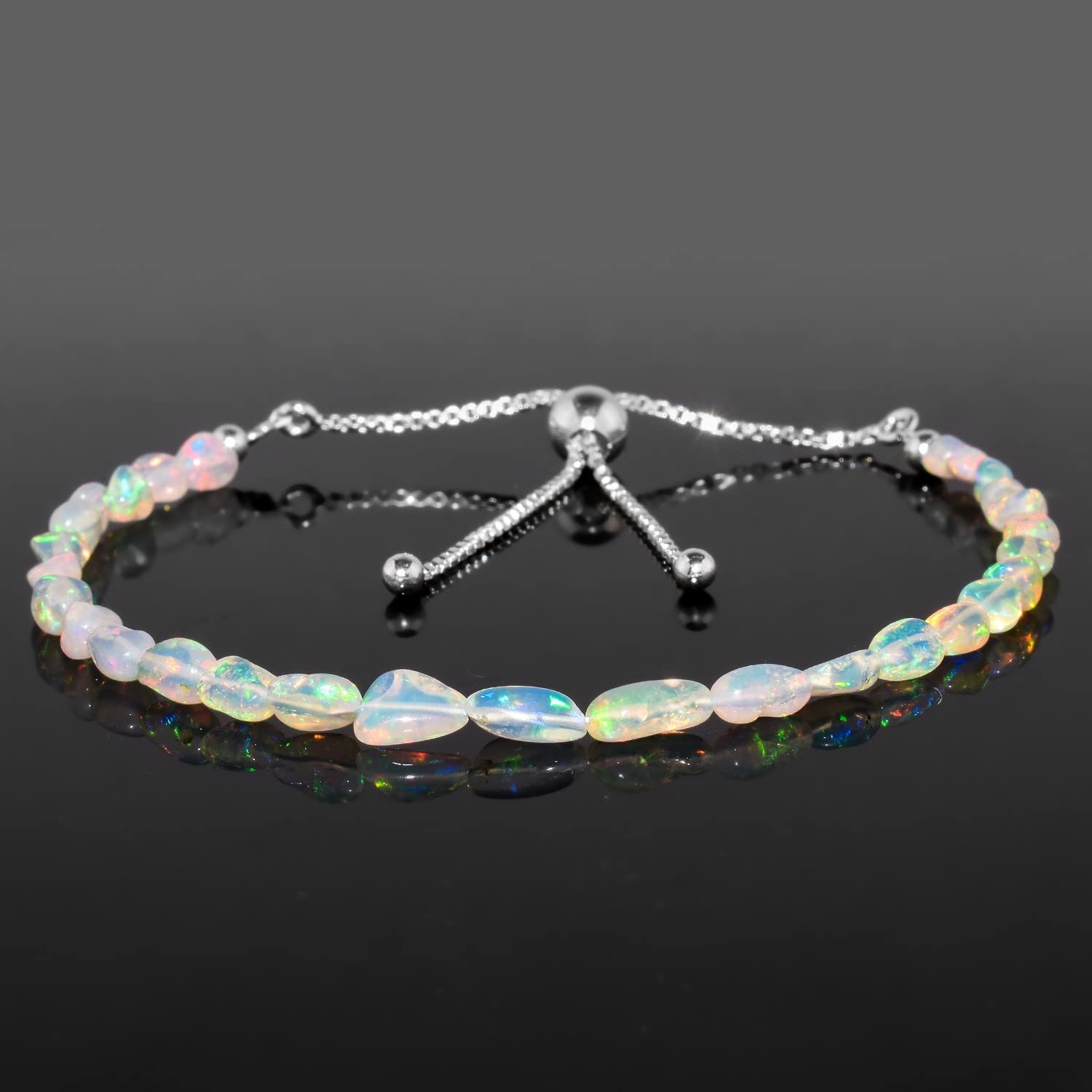 ZEMBIENCE Natural Ethiopian Opal Gemstones Bolo Bracelets, Plain Nuggets Beads, Silver Plated, Handmade, Libra Zodiac, Adjustable Slider. Statement, Gift for Women. Size 10"