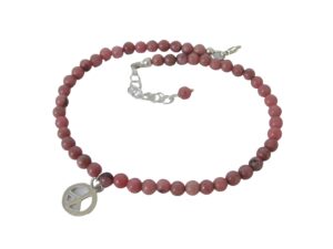 peace charm anklet, dusty pink rhodonite stones sterling silver, adjustable length 9-10 inches, handmade by let loose jewelry