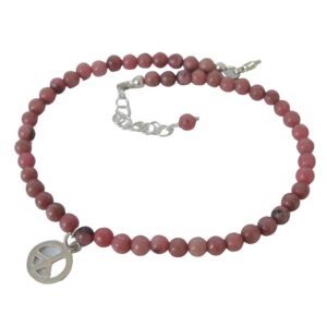 Peace charm anklet, dusty pink rhodonite stones sterling silver, adjustable length 9-10 inches, handmade by Let Loose Jewelry