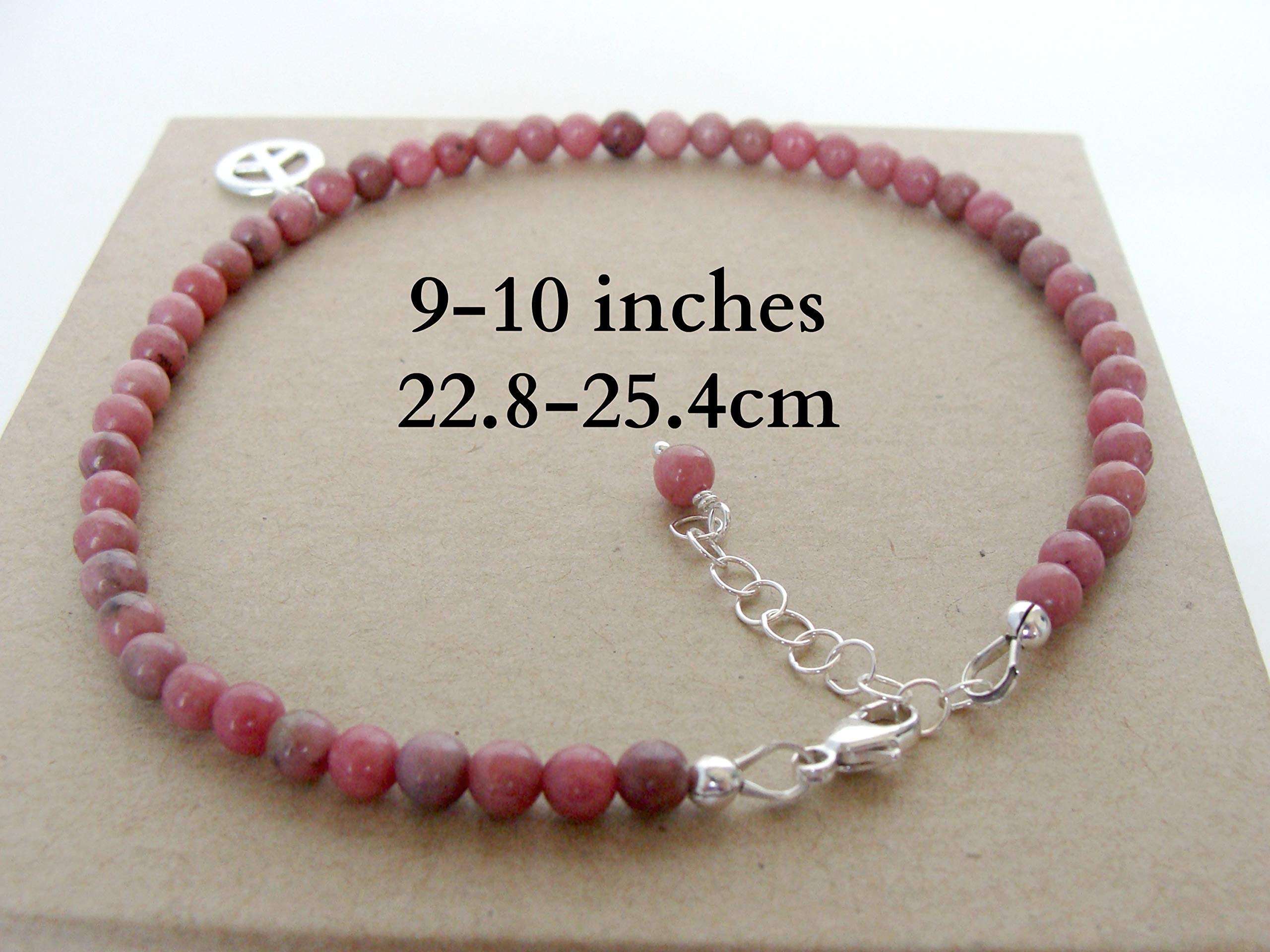 Peace charm anklet, dusty pink rhodonite stones sterling silver, adjustable length 9-10 inches, handmade by Let Loose Jewelry