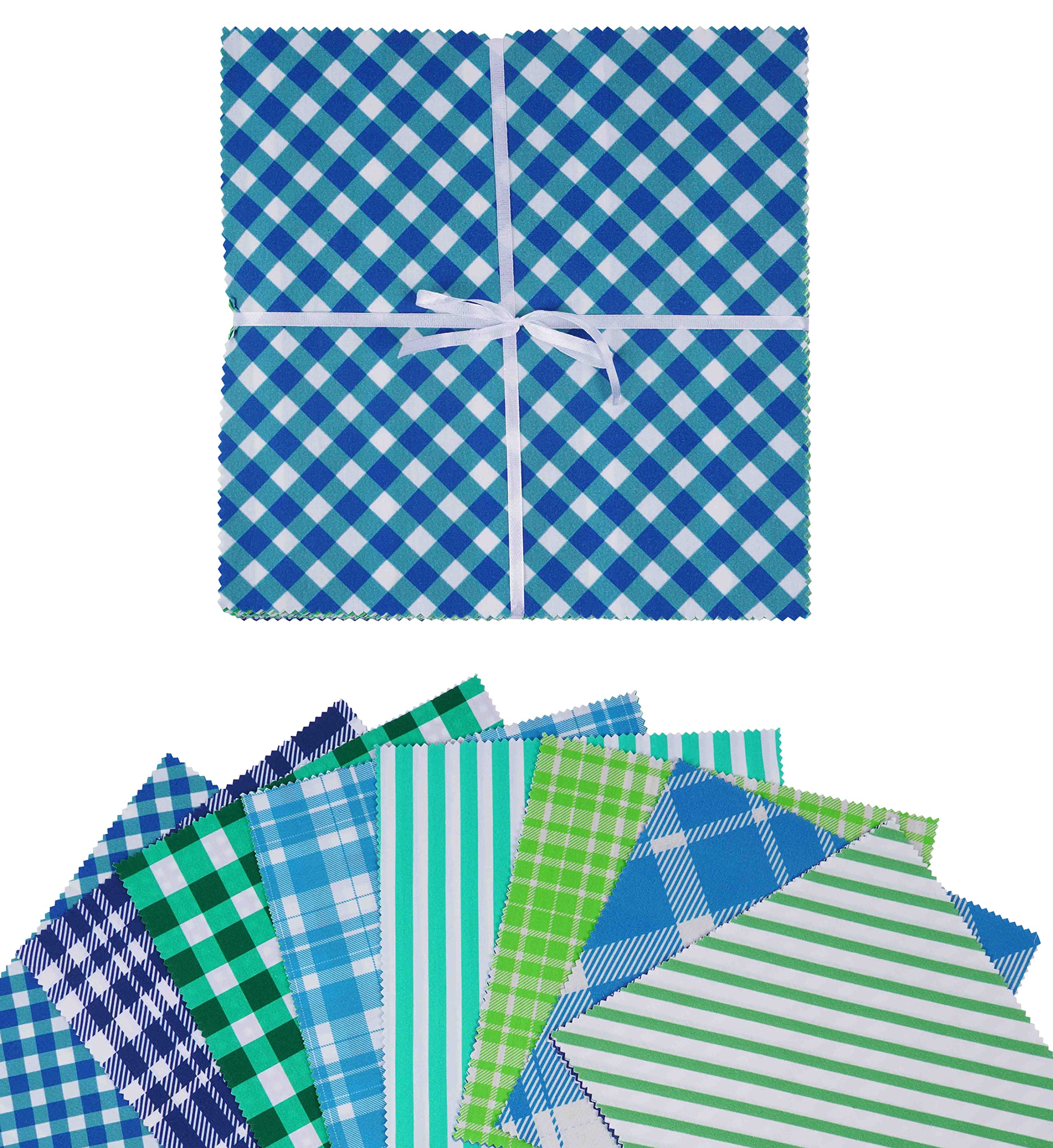 Soimoi Precut 10-inch Check Prints Cotton Fabric Bundle Quilting Squares Charm Pack DIY Patchwork Sewing Craft- Blue & Sea Green