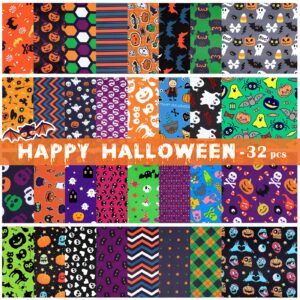 32 Pieces 10 x 10 Inches Halloween Fabric Holiday Quilting Fabric Halloween Fat Quarters Printed Fabric Sewing Craft Fabric Bat Pumpkin Ghost Skull Fabric for DIY Halloween Decor Patchwork Supplies