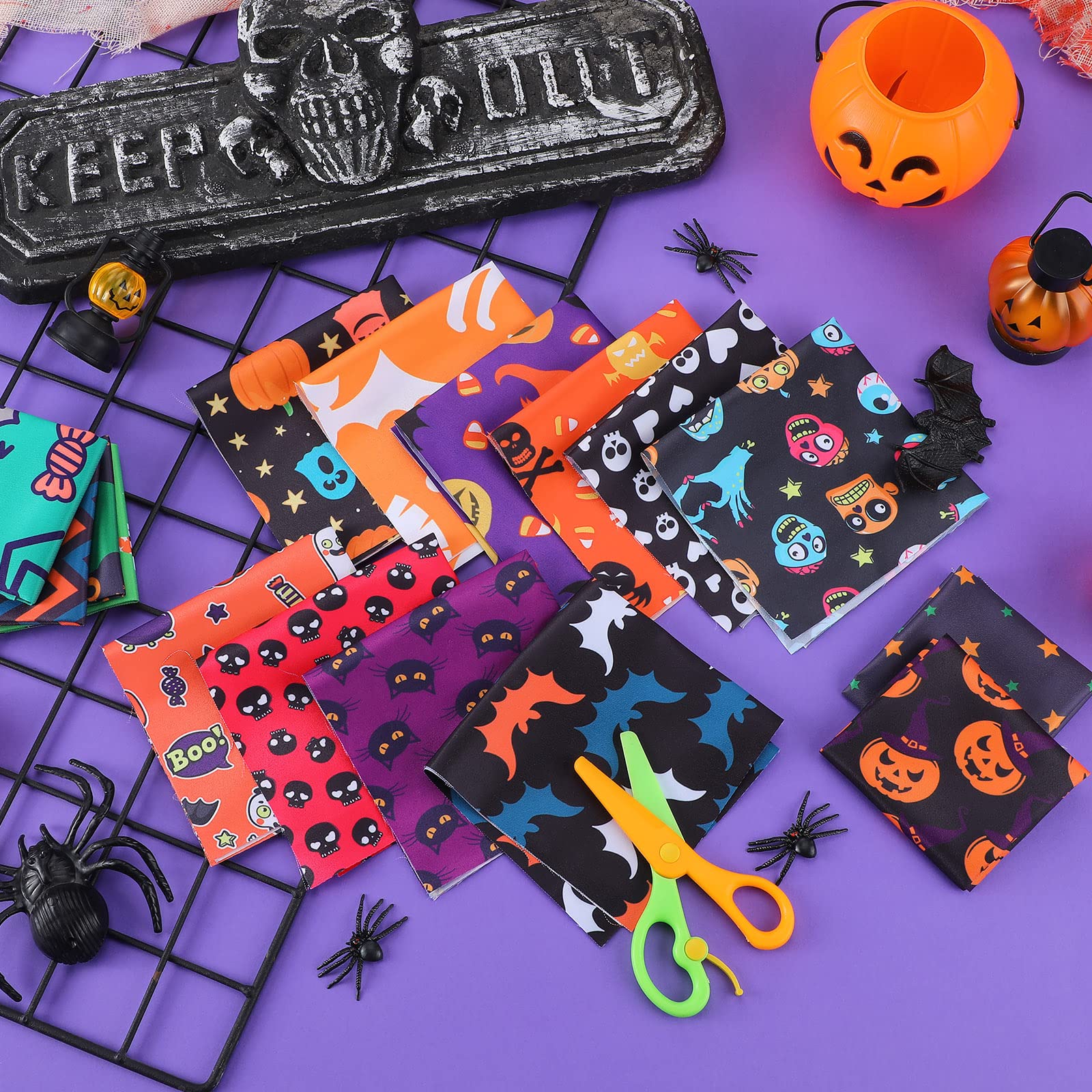 32 Pieces 10 x 10 Inches Halloween Fabric Holiday Quilting Fabric Halloween Fat Quarters Printed Fabric Sewing Craft Fabric Bat Pumpkin Ghost Skull Fabric for DIY Halloween Decor Patchwork Supplies