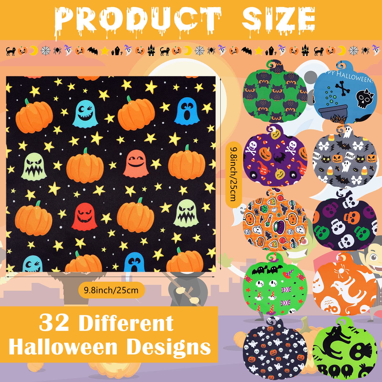 32 Pieces 10 x 10 Inches Halloween Fabric Holiday Quilting Fabric Halloween Fat Quarters Printed Fabric Sewing Craft Fabric Bat Pumpkin Ghost Skull Fabric for DIY Halloween Decor Patchwork Supplies