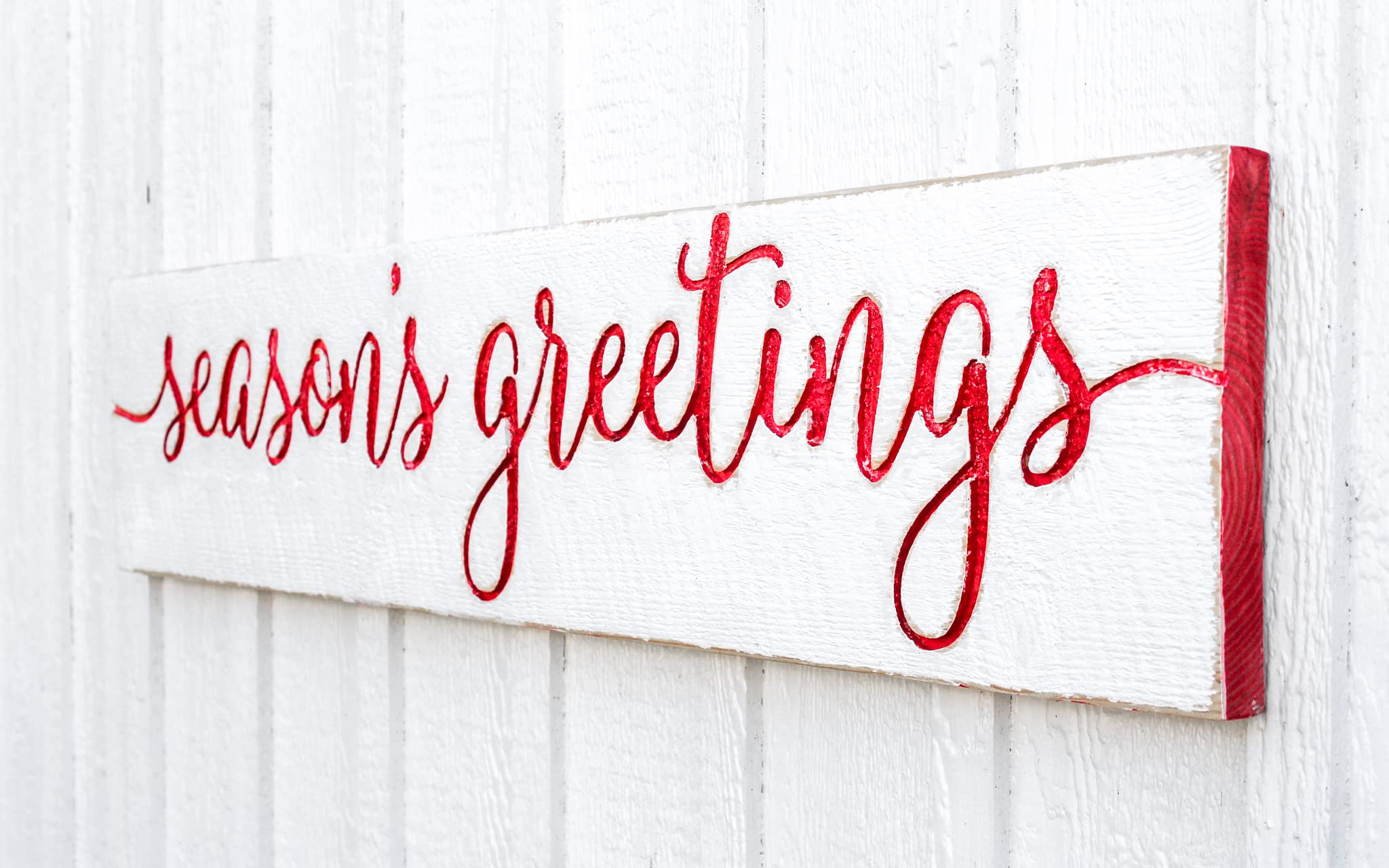 SEASON'S GREETINGS Sign - Carved in a 48"x10" Solid Wood Board | Rustic Distressed | Farmhouse Style | Festive Holiday Wall Art | Christmas Decor | Handmade in NC