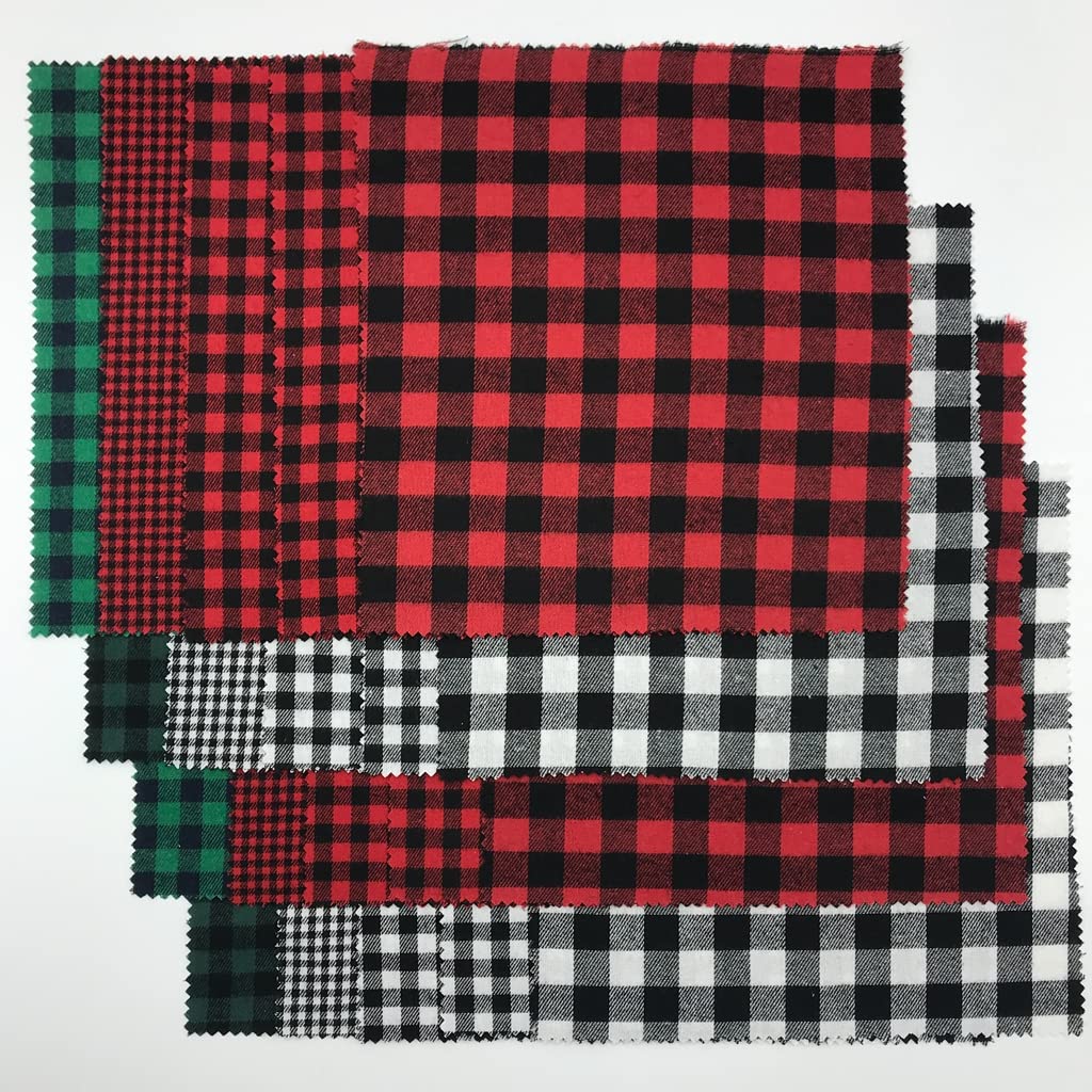 20 Pieces Christmas Gingham Fabric, Xmas Cotton Buffalo Plaids Color Red/Black White/Black Green/Black Squares for Sewing Quilting DIY Homemade Crafts 10 x 10 inches