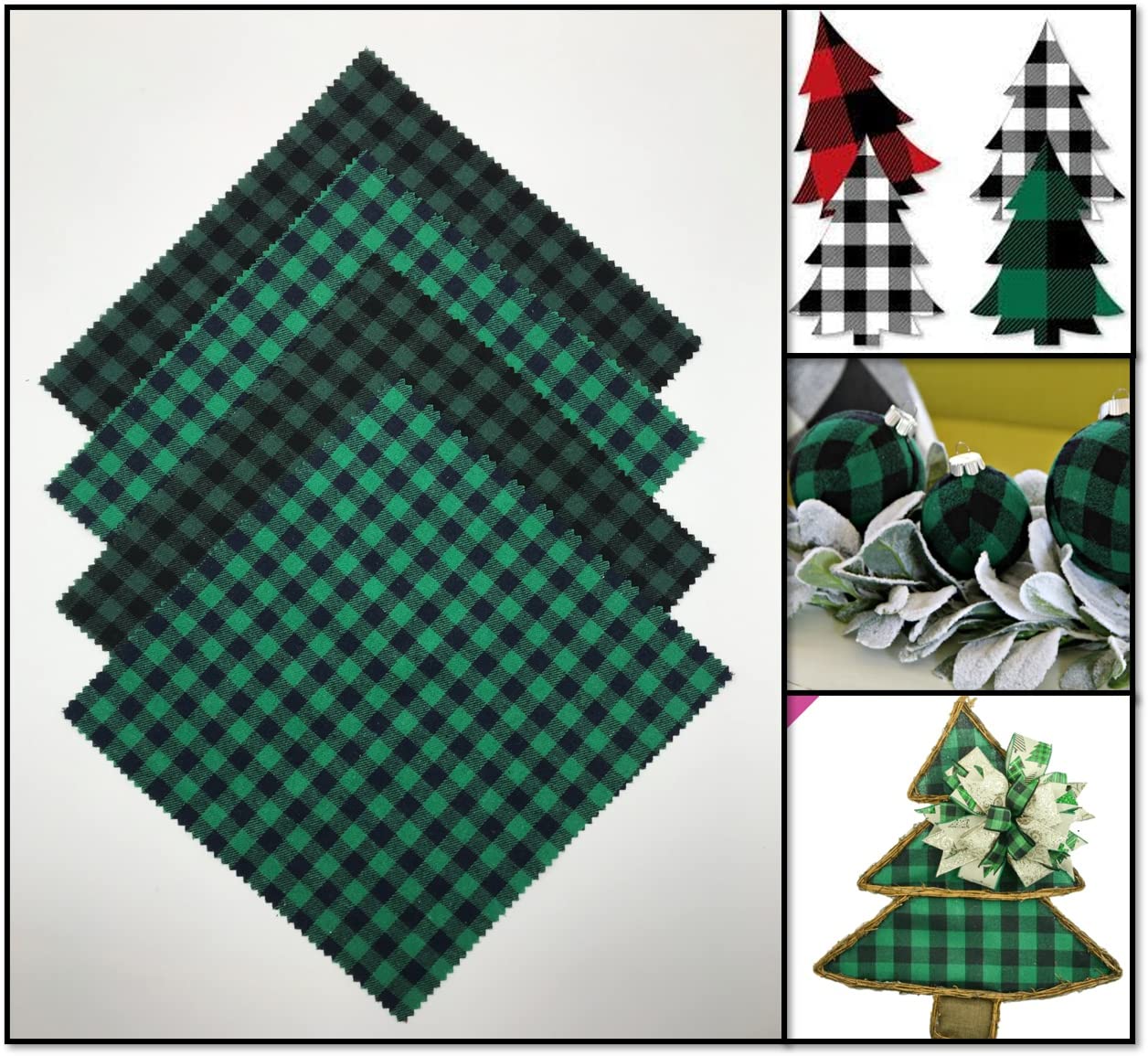 20 Pieces Christmas Gingham Fabric, Xmas Cotton Buffalo Plaids Color Red/Black White/Black Green/Black Squares for Sewing Quilting DIY Homemade Crafts 10 x 10 inches