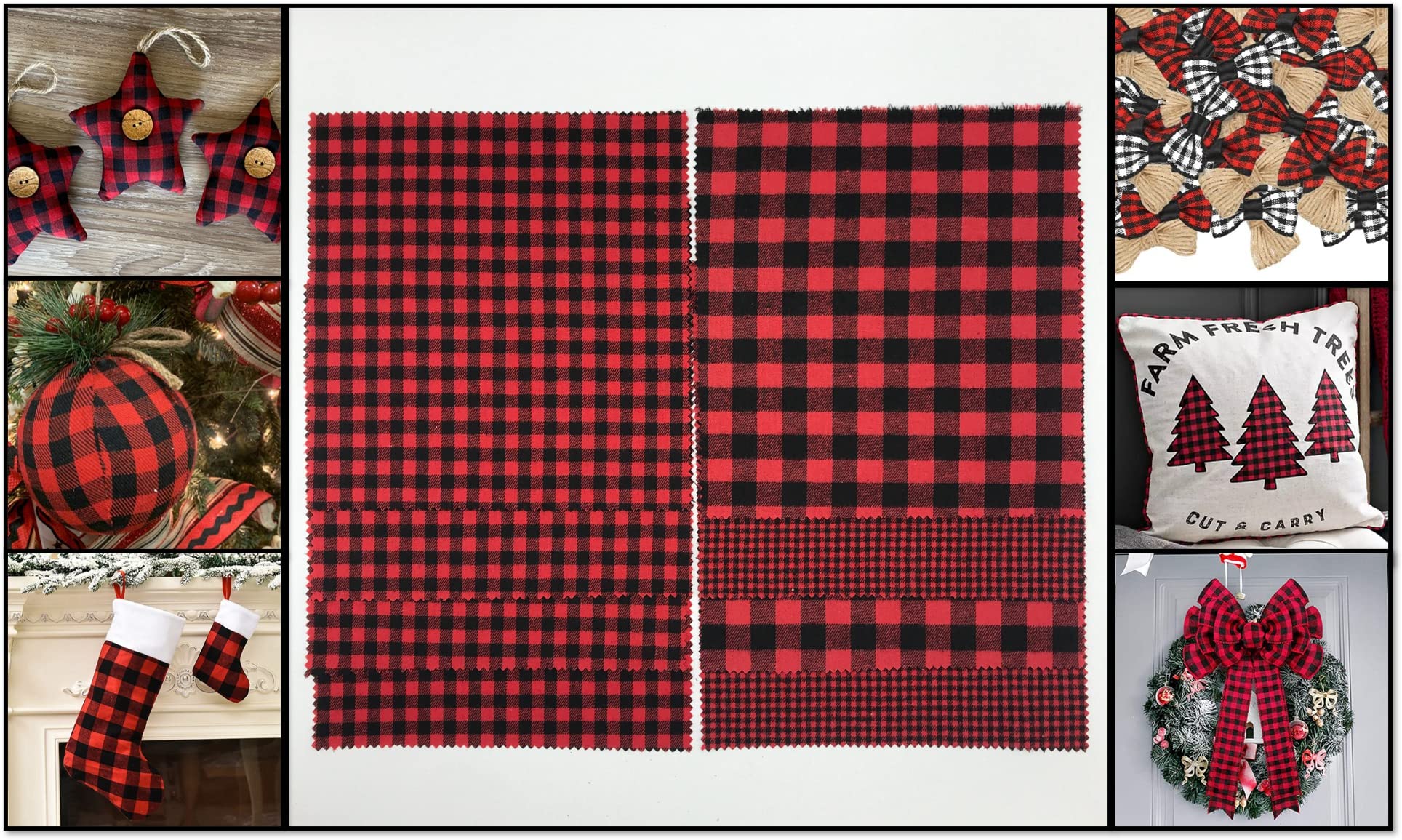 20 Pieces Christmas Gingham Fabric, Xmas Cotton Buffalo Plaids Color Red/Black White/Black Green/Black Squares for Sewing Quilting DIY Homemade Crafts 10 x 10 inches