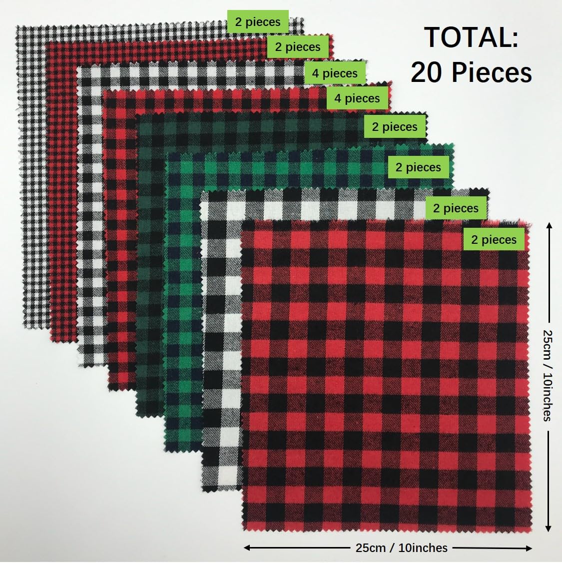 20 Pieces Christmas Gingham Fabric, Xmas Cotton Buffalo Plaids Color Red/Black White/Black Green/Black Squares for Sewing Quilting DIY Homemade Crafts 10 x 10 inches