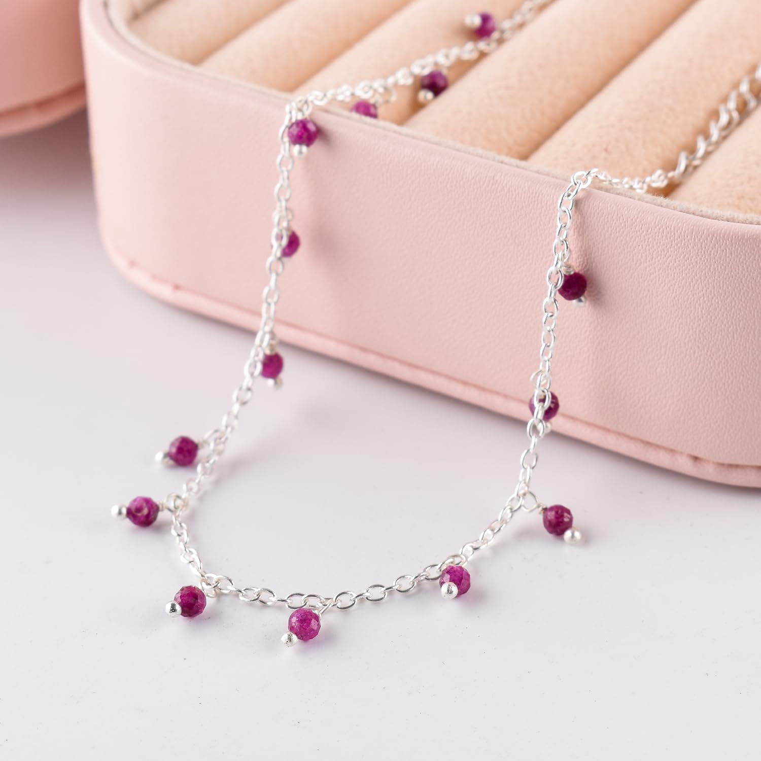 Yanara Graduation Gifts Pink Ruby Anklets For Women Beads Ankle Bracelets for Her Natural July Birthstone Silver Plated Trendy Gemstones Jewelry in 10” inch Chakra Healing Crystals Thoughtful Gifts