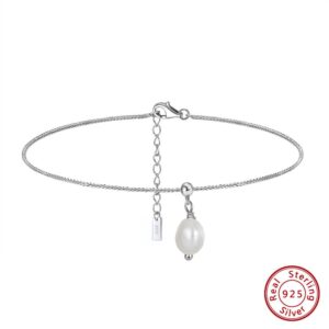 100% 925 sterling silver white freshwater pearl with a ball charm accent on slim and sleek summer beach anklets for women gold plated jewelry, 9-11inches (silver)