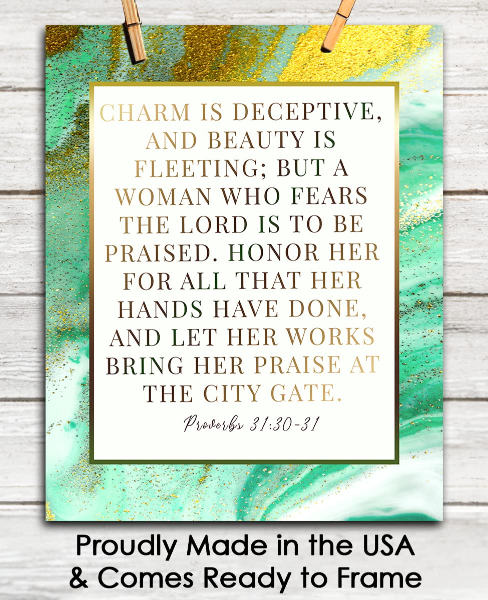 Charm is Deceptive and Beauty is… Proverbs 31:30-31 - Inspirational Bible Verses, Christian Scripture Positive Quotes, Religious Bible Verse Wall Art Decor For Home & Office | Unframed Posters 8x10"