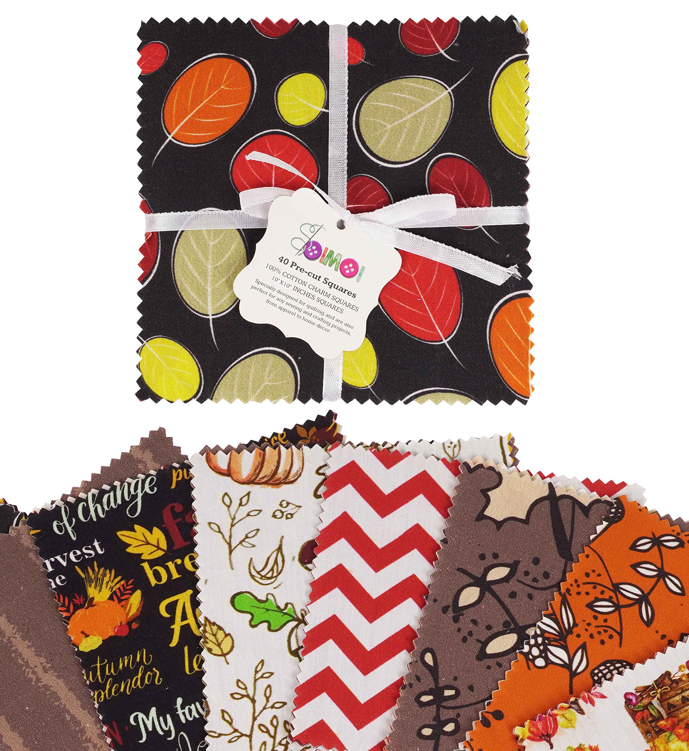 Soimoi Precut 10-inch Autumn Fall Theme Prints Cotton Fabric Bundle Quilting Squares Charm Pack DIY Patchwork Sewing Craft- Multicolor