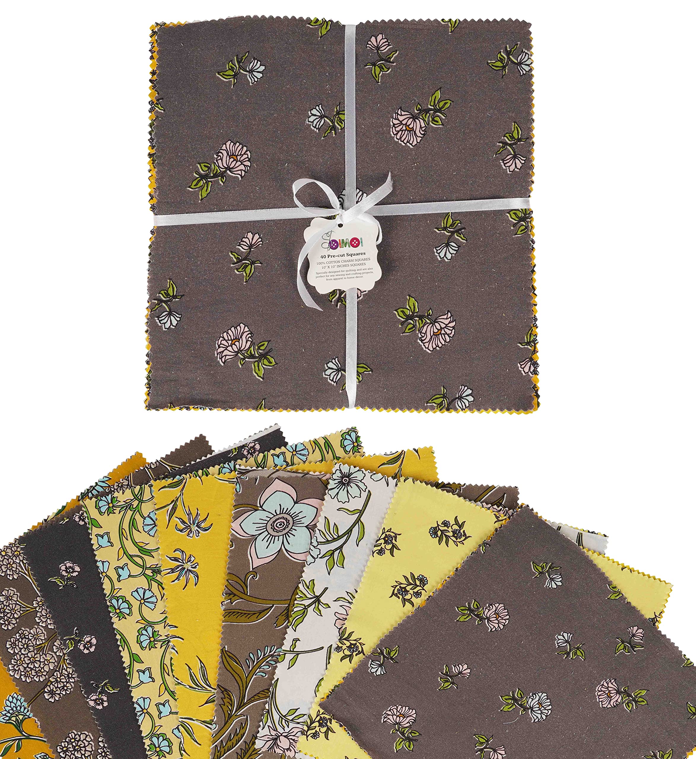 Soimoi Precut 10-inch Asian Floral Prints Cotton Fabric Bundle Quilting Squares Charm Pack DIY Patchwork Sewing Craft- Gray & Yellow