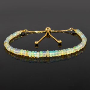 OdrillionGems Natural Ethiopian Opal Gemstone Beads Bolo Bracelet, 14k Gold Plated, 925 Sterling Silver, Healing Crystals, October Birthstone, Slider Chain, Women Jewelry, Valentine Gift, Size 10inch