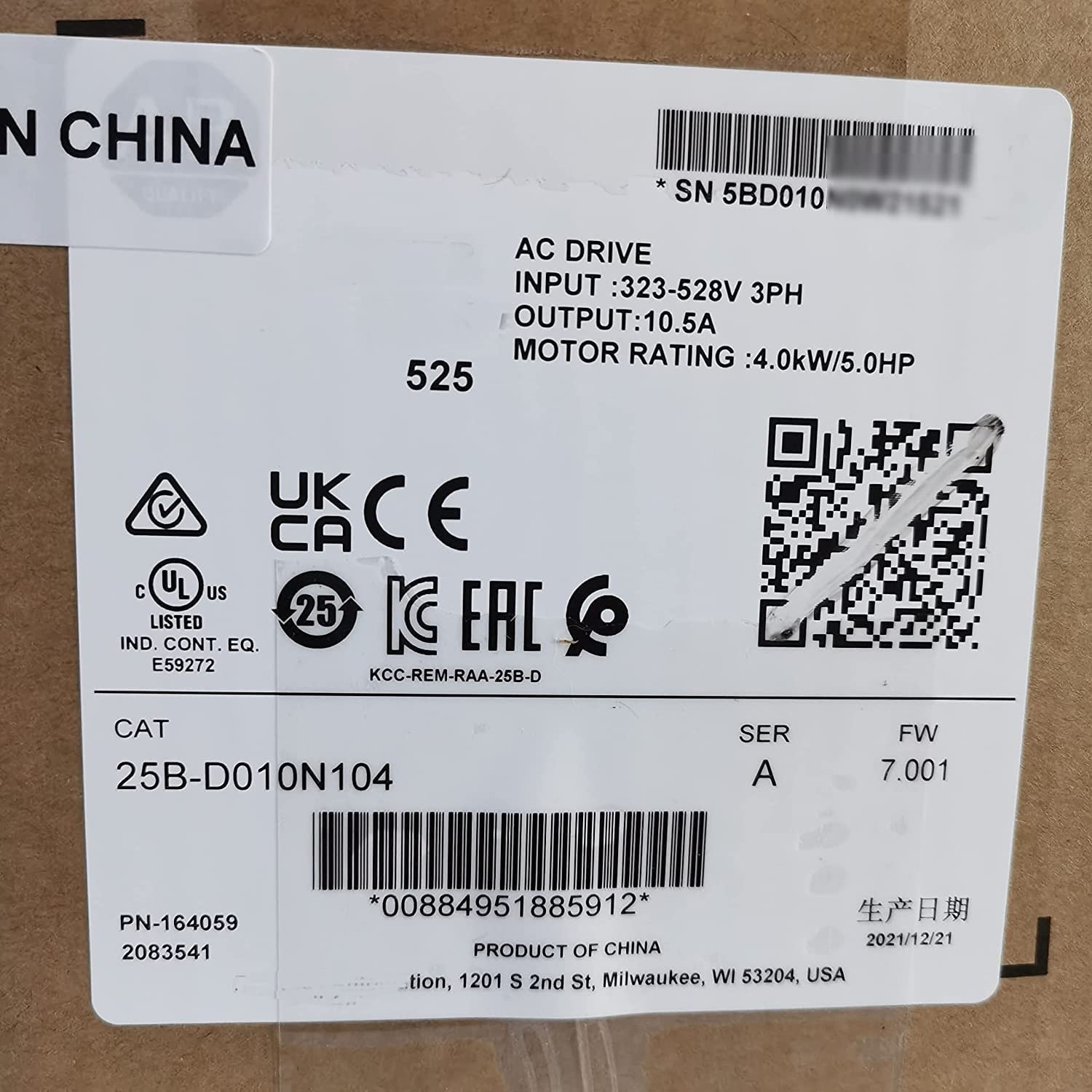 25B-D010N104 Series A 25BD010N104 PF525 AC Drive 3ph 4.0KW 5ph (4KW)