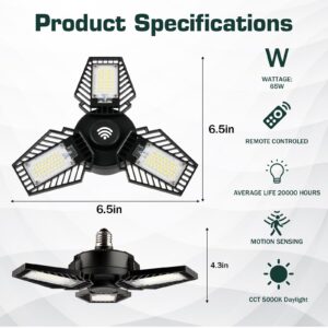 Pinegreen Lighting 3-Panel Garage Light, 65W LED Shop Light with Remote Control, 8000LM 5000K Daylight LED Garage Ceiling Lights Deformable Garage Lighting for Workshop Basement Attic E26 Base