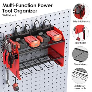 CCCEI Modular Power Tool Organizer Wall Mount with Charging Station. Garage 4 Drill Storage Shelf with Hooks, Screwdriver, Drill Bit Heavy Duty Rack, Tool Battery Holder Built in 8 Outlet Power Strip.