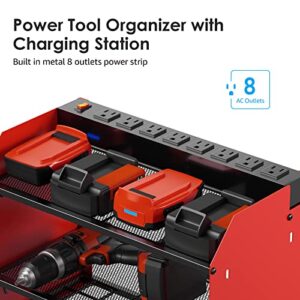 CCCEI Modular Power Tool Organizer Wall Mount with Charging Station. Garage 4 Drill Storage Shelf with Hooks, Screwdriver, Drill Bit Heavy Duty Rack, Tool Battery Holder Built in 8 Outlet Power Strip.