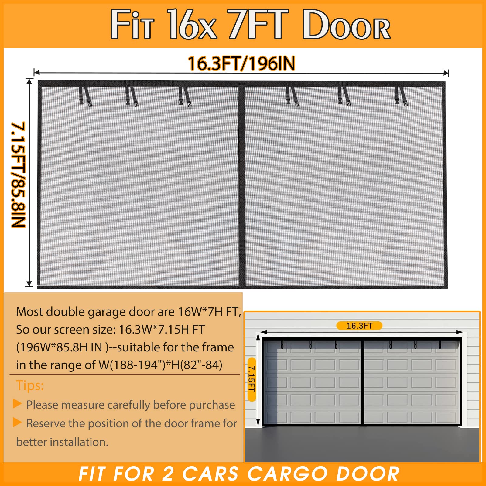 Garage Screen Doors for 2 Car Garage-16x7FT Fiberglass 2300g/5.1lb Durable Heavy Duty Magnetic Garage Door Screen Hands Free with 6 Roll Up Starps for Patio, Outdoor, Gym, Crafts Sun House Porch