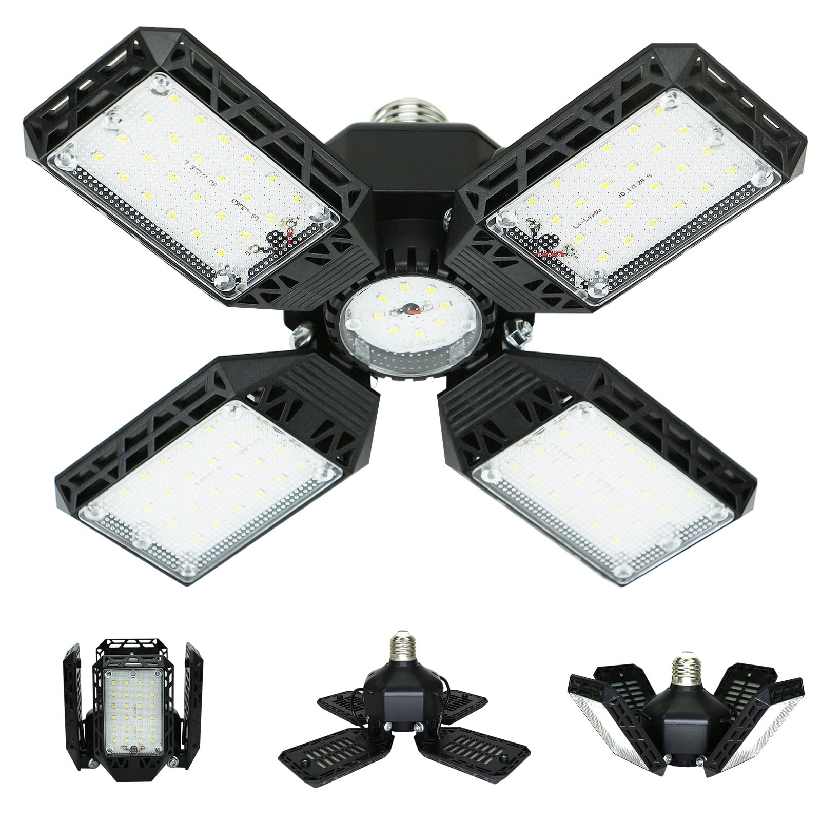 QiyuanLS LED Garage Light,150W Deformable LED Garage Ceiling Lights,15000LM Garage Lights with 4 Adjustable Panels, E26/E27 LED Shop Lights for Garage, Basement, Barn, Workshop,High Bay Light