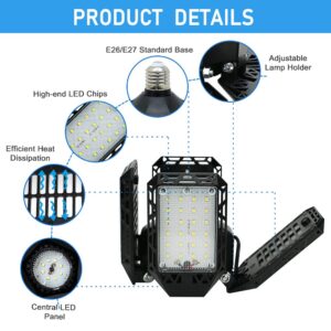 QiyuanLS LED Garage Light,150W Deformable LED Garage Ceiling Lights,15000LM Garage Lights with 4 Adjustable Panels, E26/E27 LED Shop Lights for Garage, Basement, Barn, Workshop,High Bay Light