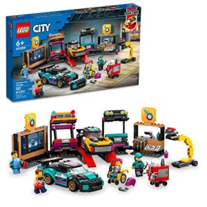 lego city custom car garage, toy garage building set with 2 customizable cars, pretend play mechanic toy with 4 mini figures, birthday gift idea for boys, girls, kids who love cars age 6+, 60389