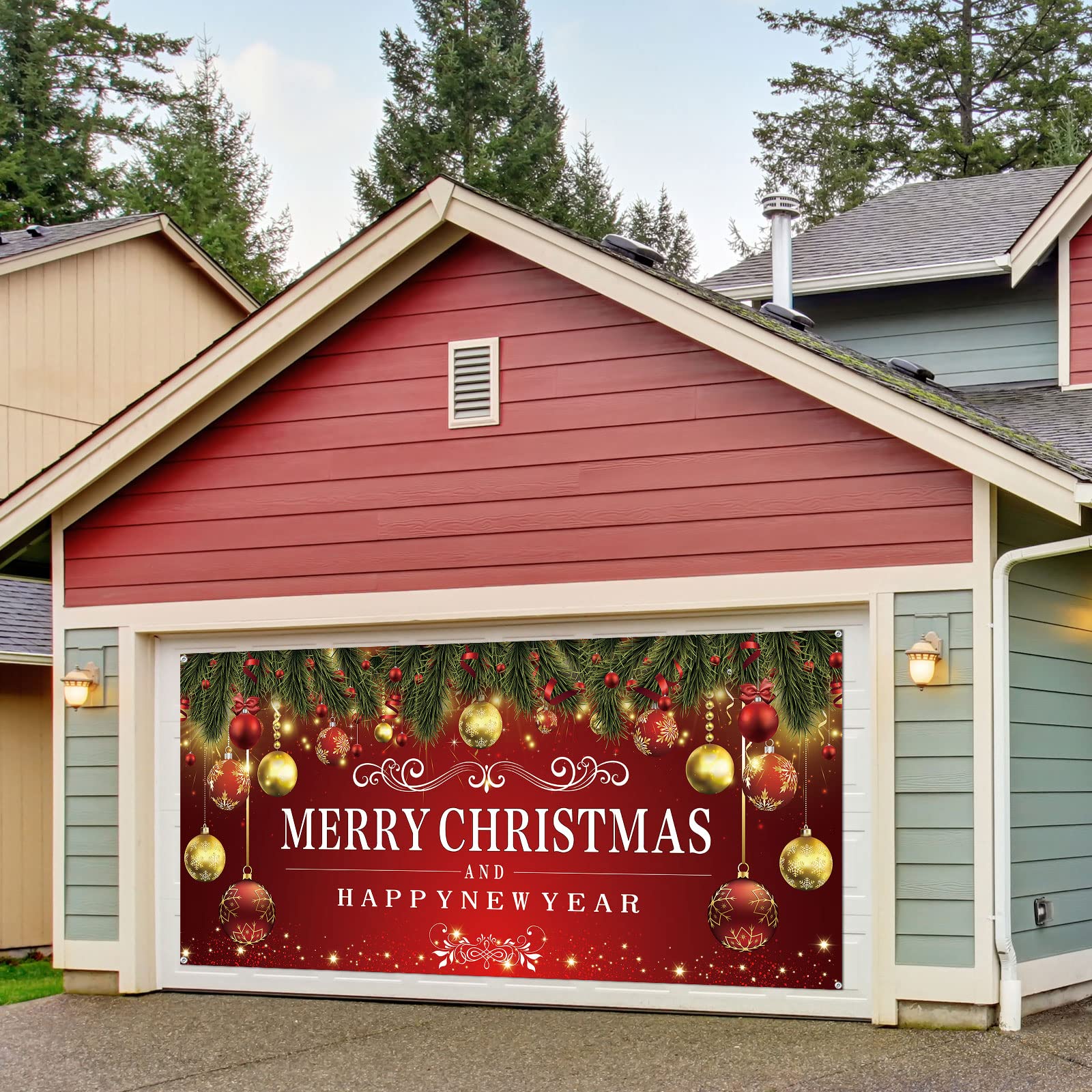 Newwiee Christmas Holiday Garage Door Banner Decorations 6 x 13 ft Happy New Year Outdoor Cover Mural Decoration 2024 Large Christmas Backdrop Merry Christmas Ornament Double Car Garage Door Banner