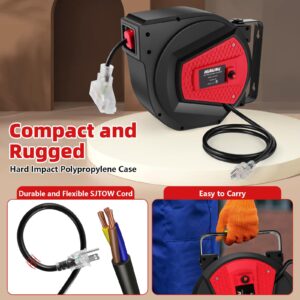 50FT Retractable Extension Cord Reel, 14AWG/3C Power Cord Reel for Garage Workshop, Wall/Ceiling Mounted Extension Cord Reel, 13A Circuit Breaker, 3-Lighted Triple Outlets, UL Listed