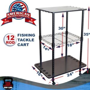 Rush Creek Creations, Fishing Rod Holder for 12-Rods, Fishing Pole Holder for Garage, for Fishing Gear, Pole, Rod, Tackle Box, Holistic Fishing Rod Storage, 12 Freshwater Rod Clips, Big Wheels, Black