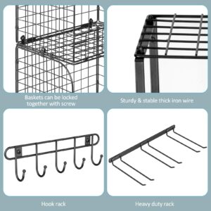 ThreeHio Garage Shelf Wall Mounted with Wire baskets, Heavy Duty Garage Wall Shelving with Garden Tool Rack and Hooks, Wire Shelf Baskets Tool Organizer for Home Garden Garage Organization and Storage