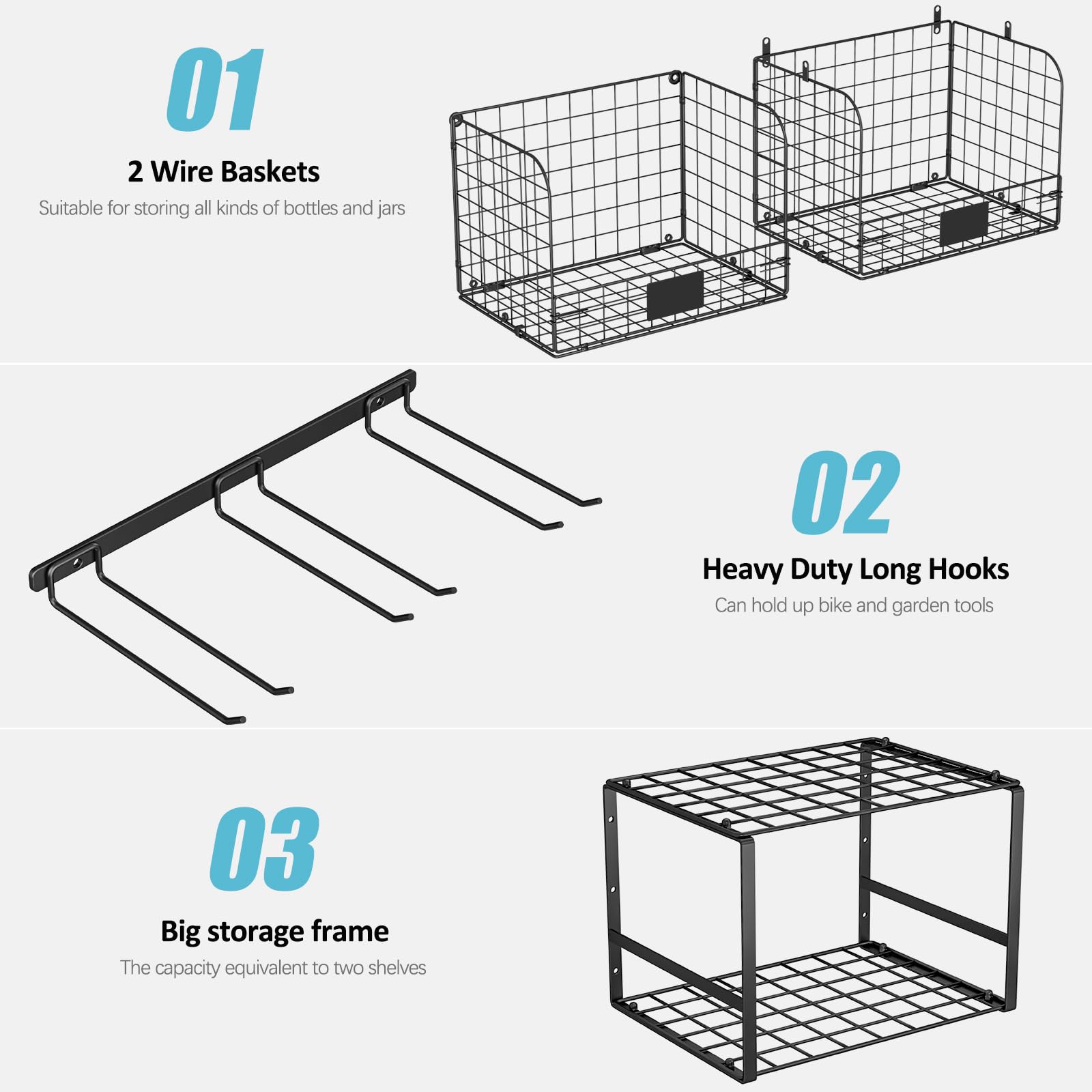 ThreeHio Garage Shelf Wall Mounted with Wire baskets, Heavy Duty Garage Wall Shelving with Garden Tool Rack and Hooks, Wire Shelf Baskets Tool Organizer for Home Garden Garage Organization and Storage