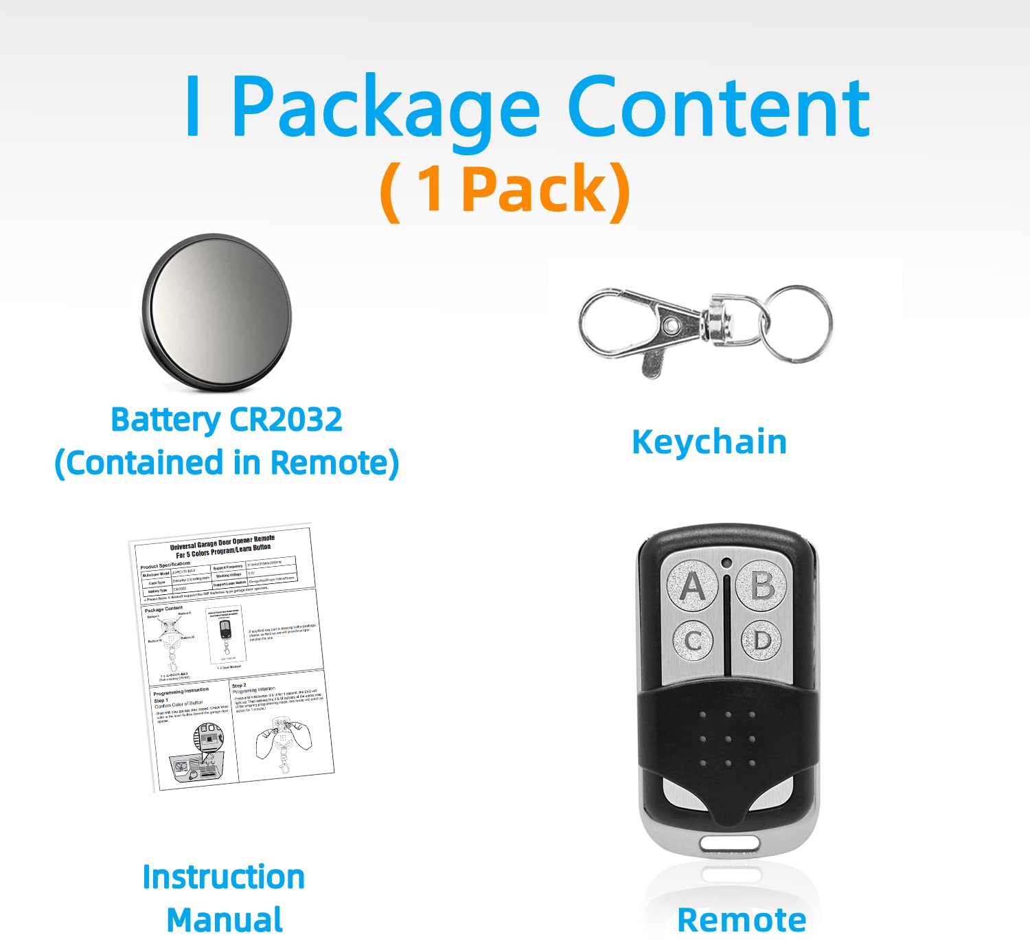 Universal Garage Door Remote for Liftmaster Chamberlain Craftsman Openers with 5 Colors Learn Button, Purple Yellow Green Orange Red, Keychain Included, 1 Pack