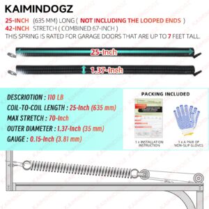 KaiMinDogz Pair of 110lb. Heavy Duty Garage Door Extension Springs Stretch Springs, 25" Long,Double Loop Ends, High Precision Electrophoresis Black Coated, MIN 16,000 Cycles, for 7ft High Garage Doors