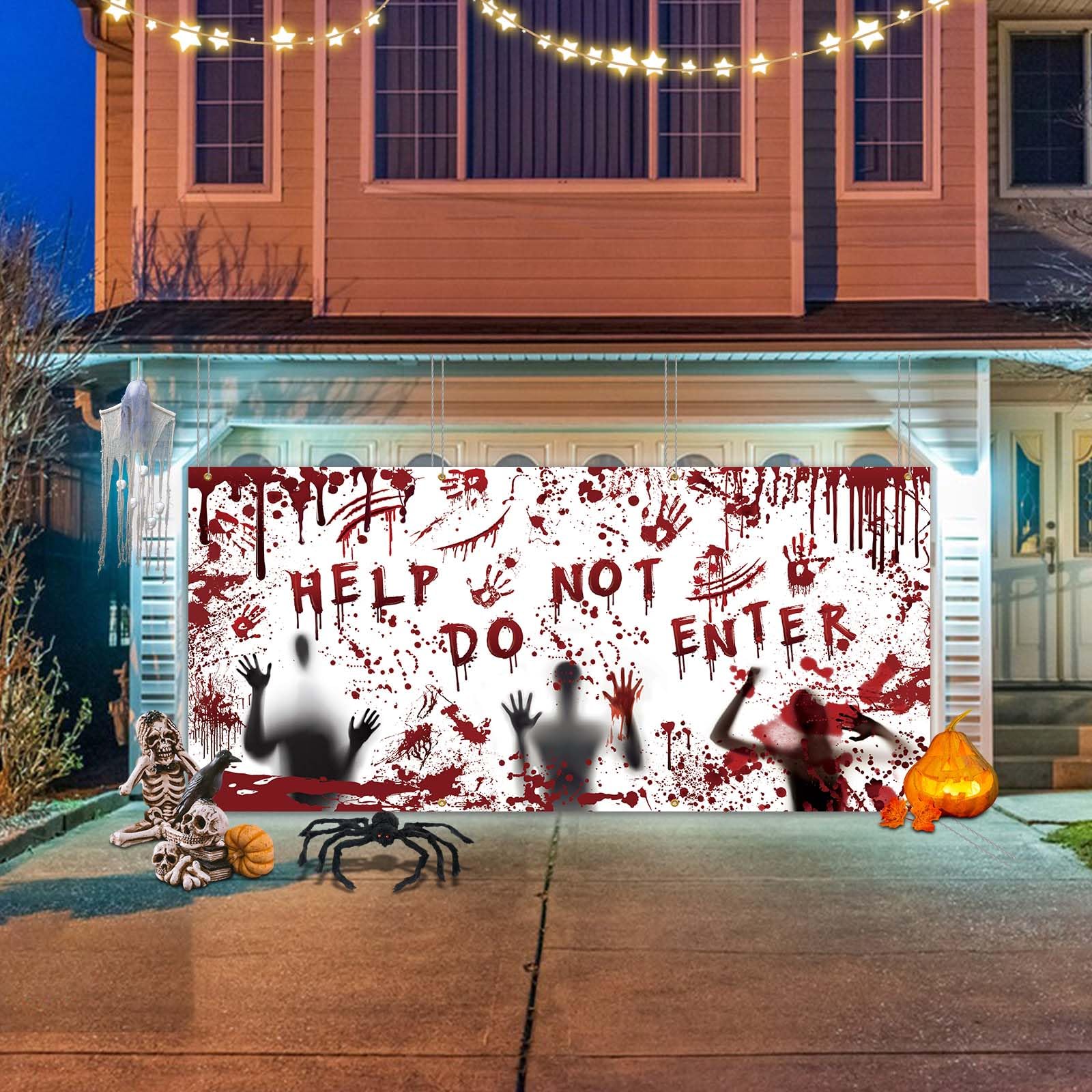 Halloween Garage Door Banner Decorations, Garage Door Cover with Grommets Halloween Decorations Bloodied Handprints Desperate Shadows Halloween Horror Decor Halloween Party Decorations, 6 x 13 ft