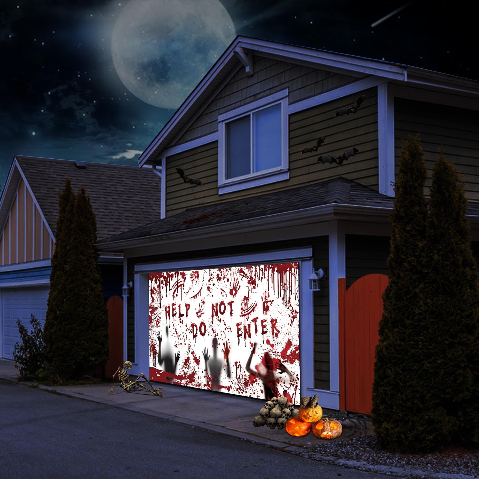 Halloween Garage Door Banner Decorations, Garage Door Cover with Grommets Halloween Decorations Bloodied Handprints Desperate Shadows Halloween Horror Decor Halloween Party Decorations, 6 x 13 ft