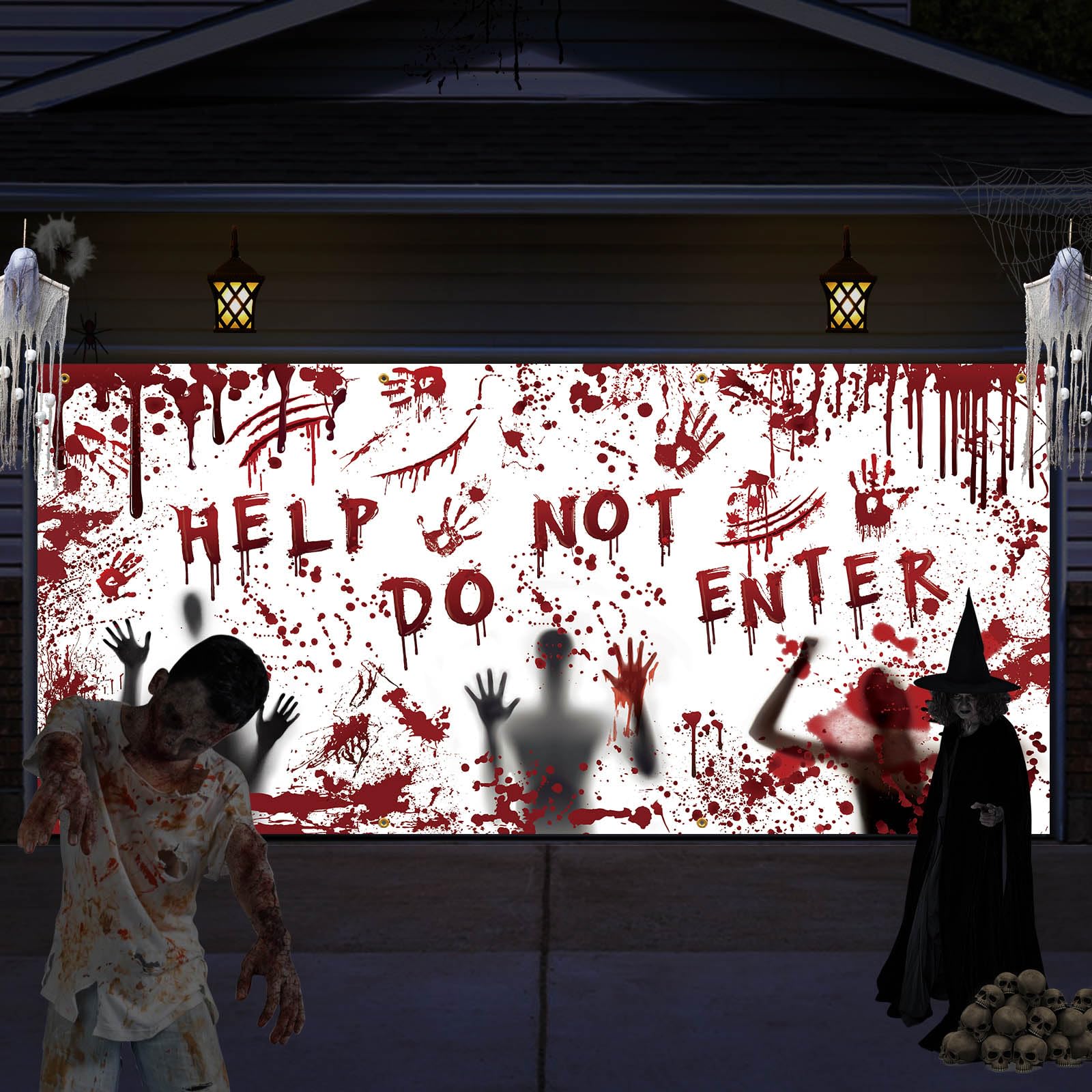 Halloween Garage Door Banner Decorations, Garage Door Cover with Grommets Halloween Decorations Bloodied Handprints Desperate Shadows Halloween Horror Decor Halloween Party Decorations, 6 x 13 ft