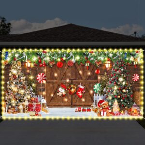 newwiee christmas garage door decorations garage door banner with led light string 6.07 x 13.12ft large garage door cover christmas backdrop decoration for xmas holiday winter party (winter theme)