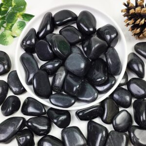 yiszm 2lbs black pebbles for plants, 1-2 inch high polished natural river rocks for landscaping, decorative stones vase filler fish tank aquariums garden outdoor and indoor diy