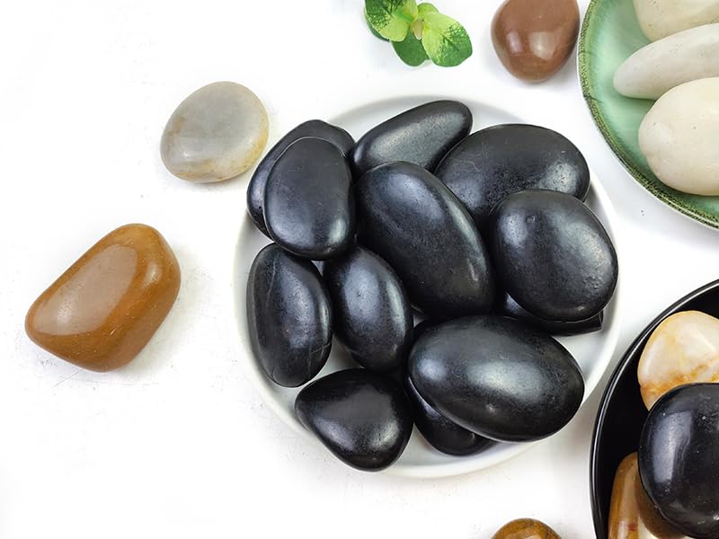 SHIZWU Polished Black River Rocks - 2-3 inch 40LB High Polished Decorative Pebbles, Polished Stones for Landscaping, Natural River Rocks for Outdoor Décor, Polished Pebbles for Plants.