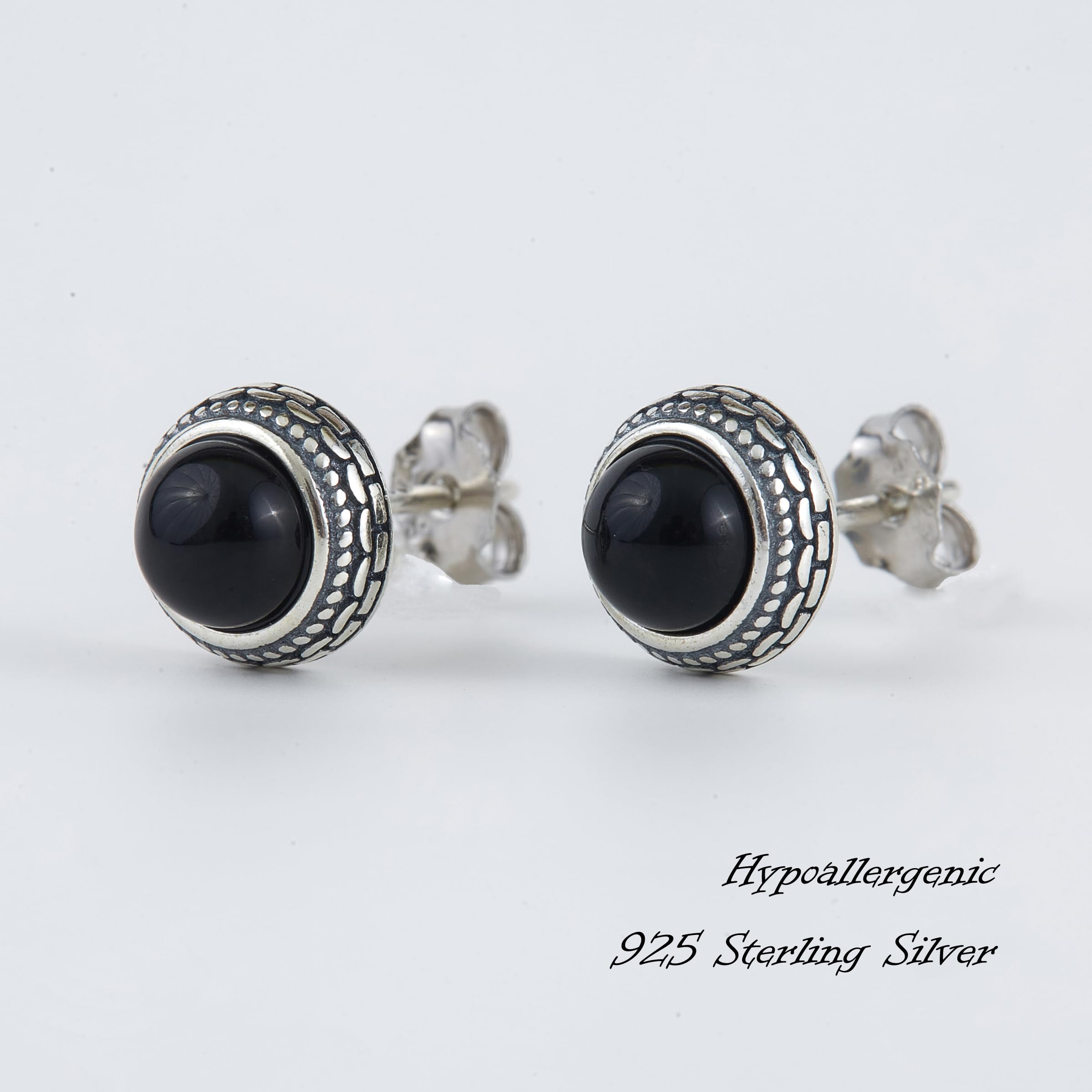 Small Genuine Black Onyx 925 Sterling Silver Hypoallergenic Stud Earrings Jewelry for Women Trendy Western Antiqued Sterling Silver Handmade Birthstone Earring Jewelry Best Gift for Women Her keenove