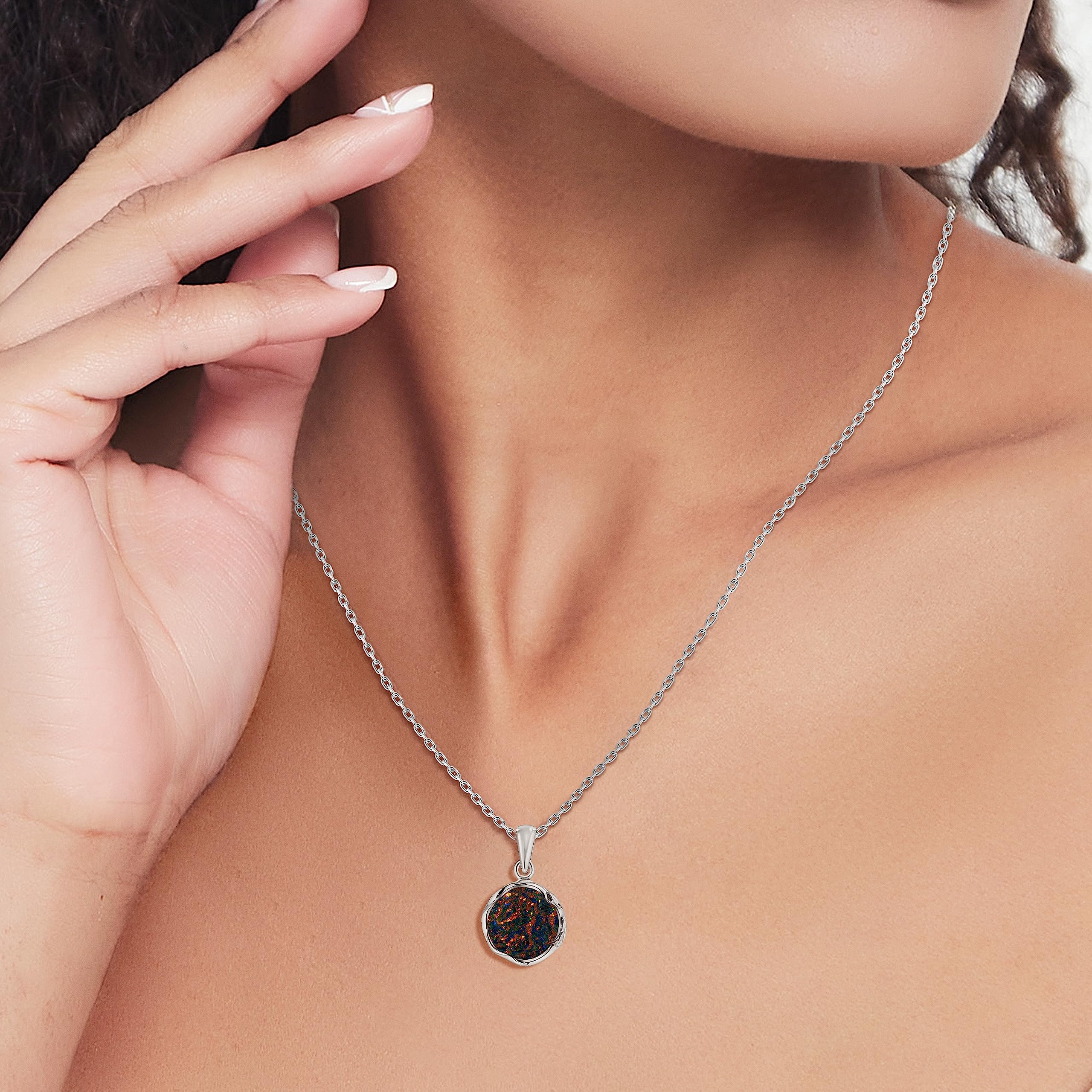 925 Sterling Silver Black Opal Vintage Style Round Pendant; Lab Created October Birthstone; Dainty Black Stone Pendant; Handmade Antique Style Black Opal Necklace For Women