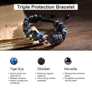 Clheatky Triple Protection Bracelet Hematite Tigers Eye Black Obsidian Bead Bracelets for Men Women 8MM Natural Stone Crystal Bracelets for Healing Protection Balance