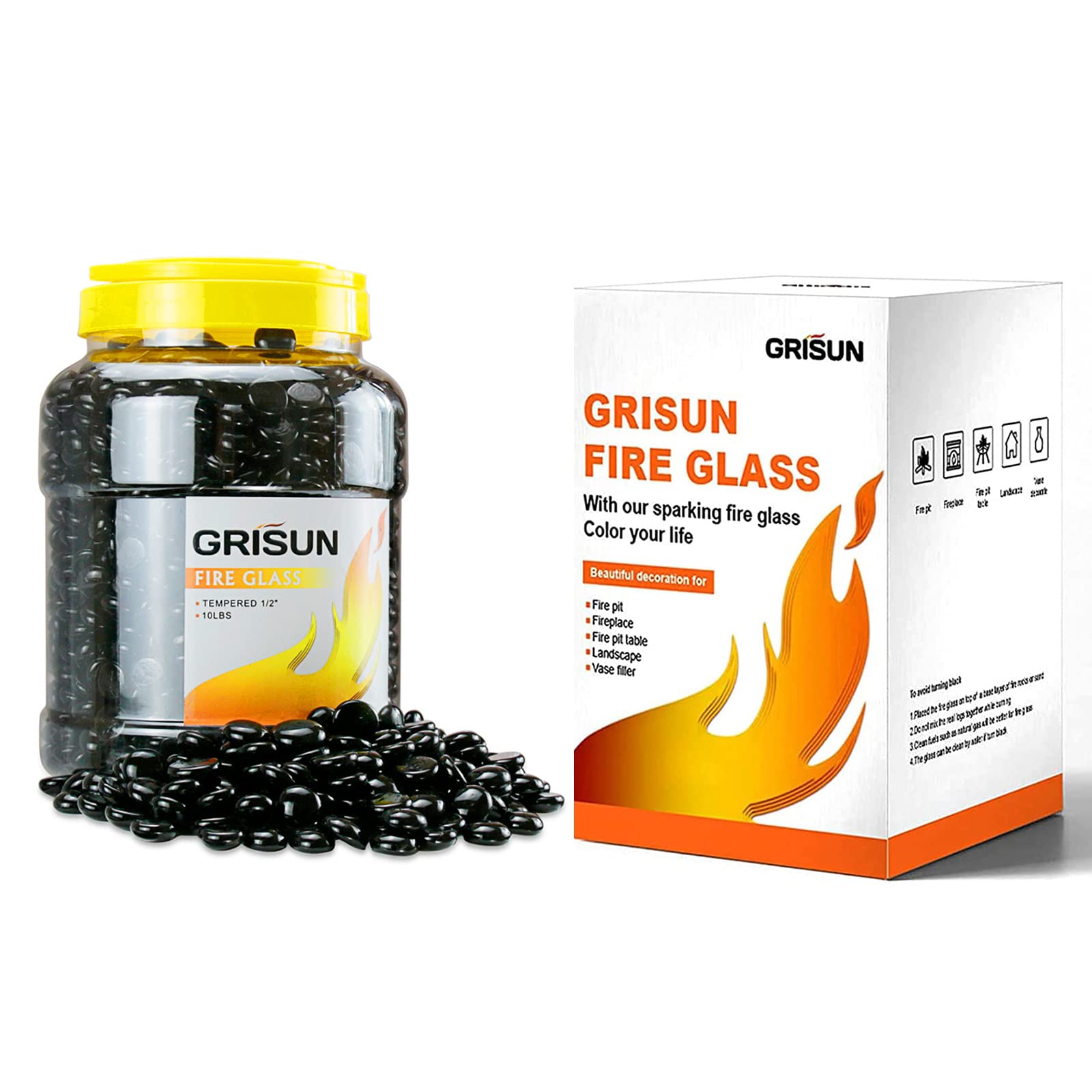 GRISUN 1/2 Inch Black Fire Glass Beads for Fire Pit - 10 Pounds Reflective Fireglass Drops, Decorative for Fireplace, Fire Table, Vase Fillers and Landscaping