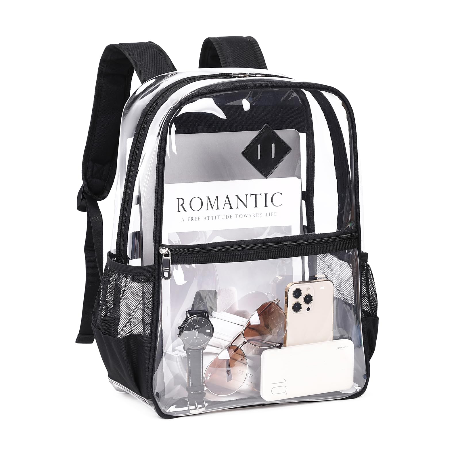 MUSEVOS Clear Backpack Stadium Approved, Heavy Duty See Through Book Bag, Black Transparent