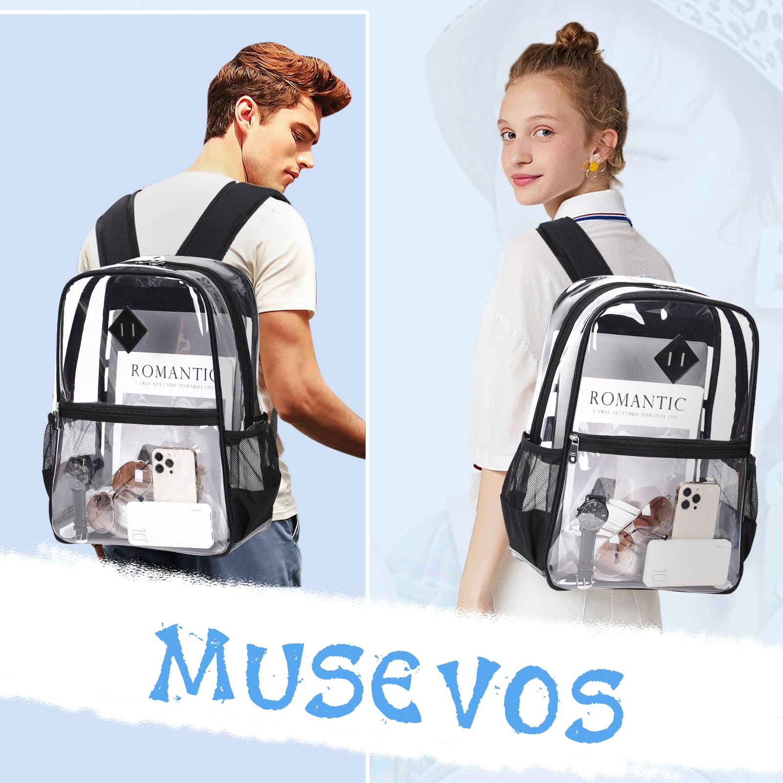 MUSEVOS Clear Backpack Stadium Approved, Heavy Duty See Through Book Bag, Black Transparent