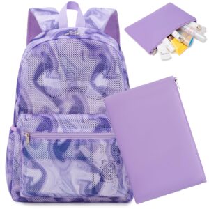 Dafelile Mesh Backpack for Girls Semi-Transparent See Through School Backpack for Teen Girls Large Capacity(Magic Purple Backpack)