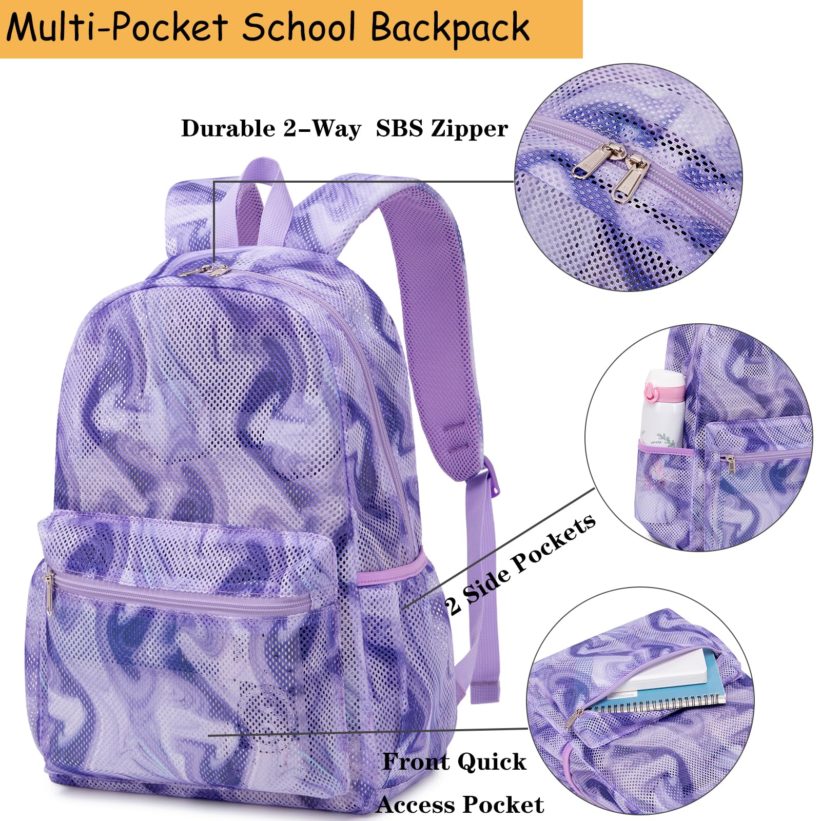 Dafelile Mesh Backpack for Girls Semi-Transparent See Through School Backpack for Teen Girls Large Capacity(Magic Purple Backpack)