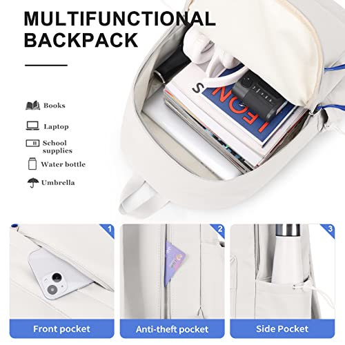 School Backpack for Teen Girls,Simple School Book Bag Waterproof High School Backpack for Boy Middle Student Bookbag College Backpack for Women Men Casual Daypack Travel Aesthetic Backpacks White