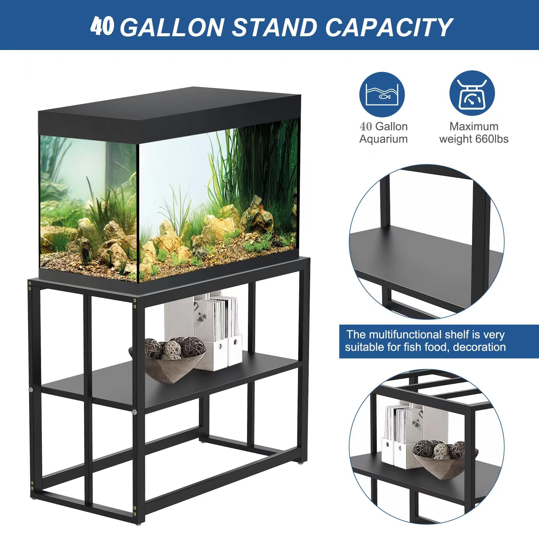 Fizgot Black Fish Tank Stand Metal Aquarium Stand 40 Gallon Aquarium Turtle Tank Double Layer with Storage Weight Capacity 660lbs 36.5" x 18.5" x 29.5" Breeder Reptile Tank Stand